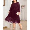 imageHolipick Women Semi Formal Dresses Plus Size Swiss Dot Long Sleeves Belted ALine Midi Wedding Guest Spring Fall DressBurgundy