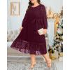 imageHolipick Women Semi Formal Dresses Plus Size Swiss Dot Long Sleeves Belted ALine Midi Wedding Guest Spring Fall DressBurgundy
