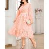 imageHolipick Women Semi Formal Dresses Plus Size Swiss Dot Long Sleeves Belted ALine Midi Wedding Guest Spring Fall DressPink