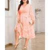 imageHolipick Women Semi Formal Dresses Plus Size Swiss Dot Long Sleeves Belted ALine Midi Wedding Guest Spring Fall DressPink
