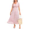 imageHolipick Women Summer Casual Dress Boho Floral V Neck Short Sleeves Smocked Waist Chiffon Swing Knee Length DressesPink Floral