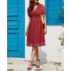 imageHolipick Women Summer Casual Dress Boho Floral V Neck Short Sleeves Smocked Waist Chiffon Swing Knee Length DressesRed
