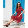 imageHolipick Women Summer Casual Dress Boho Floral V Neck Short Sleeves Smocked Waist Chiffon Swing Knee Length DressesRed