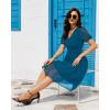 imageHolipick Women Summer Casual Dress Boho Floral V Neck Short Sleeves Smocked Waist Chiffon Swing Knee Length DressesTeal