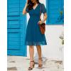imageHolipick Women Summer Casual Dress Boho Floral V Neck Short Sleeves Smocked Waist Chiffon Swing Knee Length DressesTeal