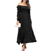 imageHolipick Womens Boho Square Neck Smocked Long Puff Sleeve A Line Flowy Casual Maxi DressBlack