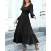 imageHolipick Womens Boho Square Neck Smocked Long Puff Sleeve A Line Flowy Casual Maxi DressBlack