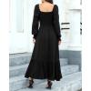 imageHolipick Womens Boho Square Neck Smocked Long Puff Sleeve A Line Flowy Casual Maxi DressBlack