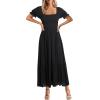 imageHolipick Womens Casual Dress Square Neck Smocked Shirred Puff Sleeve Cute Long Flowy Maxi A Line Boho DressesBlack