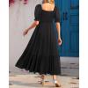imageHolipick Womens Casual Dress Square Neck Smocked Shirred Puff Sleeve Cute Long Flowy Maxi A Line Boho DressesBlack