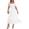 imageHolipick Womens Casual Dress Square Neck Smocked Shirred Puff Sleeve Cute Long Flowy Maxi A Line Boho DressesWhite