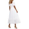 imageHolipick Womens Casual Dress Square Neck Smocked Shirred Puff Sleeve Cute Long Flowy Maxi A Line Boho DressesWhite