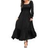 imageHolipick Womens Boho Square Neck Smocked Long Puff Sleeve A Line Flowy Casual Maxi DressBlack
