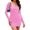 imageHolipick Womens Homecoming Sexy Bodycon Mini Dress Cocktail Party Short Tight Dresses with Long Sleeve Square NeckPink