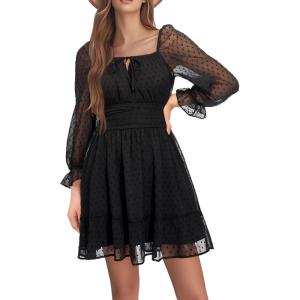 imageHolipick Long Sleeve Dress for Women Graduation Teen Homecoming Tie Back Square Neck Ruffle ALine Casual Short DressesBlack Swiss Dot