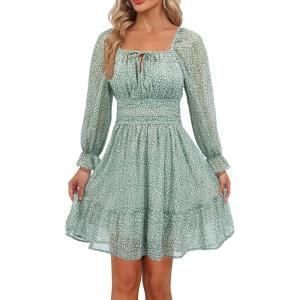 imageHolipick Long Sleeve Dress for Women Graduation Teen Homecoming Tie Back Square Neck Ruffle ALine Casual Short DressesGreen Floral