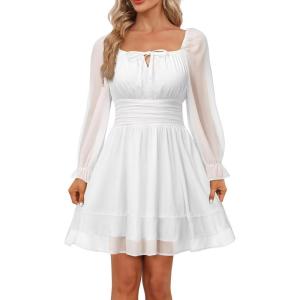 imageHolipick Long Sleeve Dress for Women Graduation Teen Homecoming Tie Back Square Neck Ruffle ALine Casual Short DressesWhite