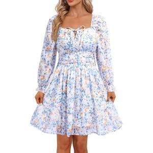 imageHolipick Long Sleeve Dress for Women Graduation Teen Homecoming Tie Back Square Neck Ruffle ALine Casual Short DressesWhite Floral