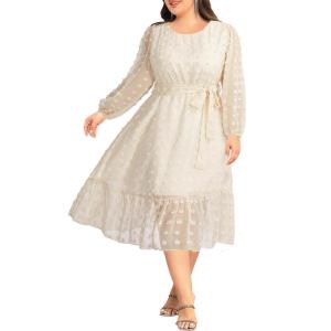 imageHolipick Women Semi Formal Dresses Plus Size Swiss Dot Long Sleeves Belted ALine Midi Wedding Guest Spring Fall DressBeige