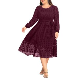 imageHolipick Women Semi Formal Dresses Plus Size Swiss Dot Long Sleeves Belted ALine Midi Wedding Guest Spring Fall DressBurgundy