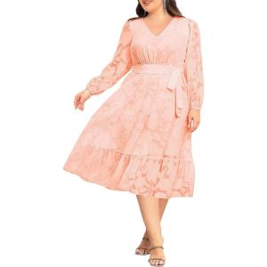 imageHolipick Women Semi Formal Dresses Plus Size Swiss Dot Long Sleeves Belted ALine Midi Wedding Guest Spring Fall DressPink
