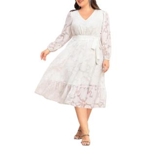 imageHolipick Women Semi Formal Dresses Plus Size Swiss Dot Long Sleeves Belted ALine Midi Wedding Guest Spring Fall DressWhite