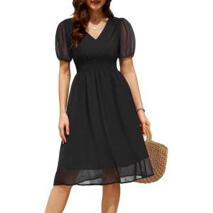 imageHolipick Women Summer Casual Dress Boho Floral V Neck Short Sleeves Smocked Waist Chiffon Swing Knee Length DressesBlack
