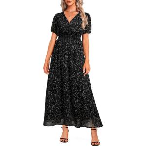 imageHolipick Women Summer Casual Dress Boho Floral V Neck Short Sleeves Smocked Waist Chiffon Swing Knee Length DressesBlack Floral
