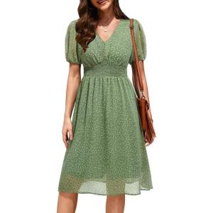 imageHolipick Women Summer Casual Dress Boho Floral V Neck Short Sleeves Smocked Waist Chiffon Swing Knee Length DressesGreen