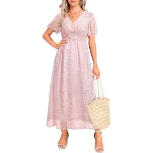 imageHolipick Women Summer Casual Dress Boho Floral V Neck Short Sleeves Smocked Waist Chiffon Swing Knee Length DressesPink Floral