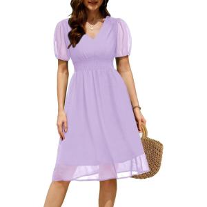 imageHolipick Women Summer Casual Dress Boho Floral V Neck Short Sleeves Smocked Waist Chiffon Swing Knee Length DressesPurple