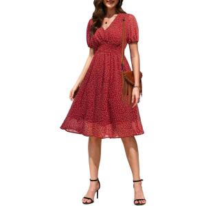 imageHolipick Women Summer Casual Dress Boho Floral V Neck Short Sleeves Smocked Waist Chiffon Swing Knee Length DressesRed