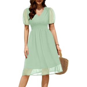 imageHolipick Women Summer Casual Dress Boho Floral V Neck Short Sleeves Smocked Waist Chiffon Swing Knee Length DressesSage Green