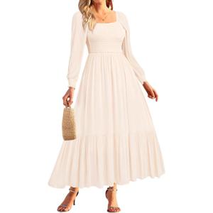 imageHolipick Womens Boho Square Neck Smocked Long Puff Sleeve A Line Flowy Casual Maxi DressBeige