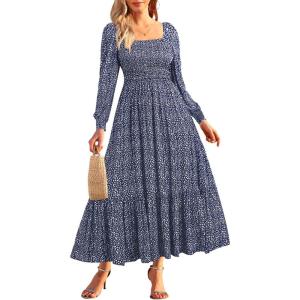 imageHolipick Womens Boho Square Neck Smocked Long Puff Sleeve A Line Flowy Casual Maxi DressBlue Floral