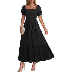 imageHolipick Womens Casual Dress Square Neck Smocked Shirred Puff Sleeve Cute Long Flowy Maxi A Line Boho DressesBlack