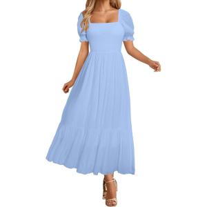 imageHolipick Womens Casual Dress Square Neck Smocked Shirred Puff Sleeve Cute Long Flowy Maxi A Line Boho DressesLight Blue