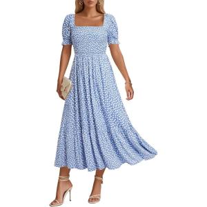 imageHolipick Womens Casual Dress Square Neck Smocked Shirred Puff Sleeve Cute Long Flowy Maxi A Line Boho DressesPolka Dot