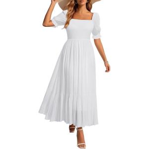 imageHolipick Womens Casual Dress Square Neck Smocked Shirred Puff Sleeve Cute Long Flowy Maxi A Line Boho DressesWhite