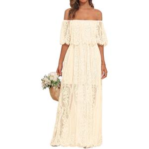 imageHolipick Womens Off Shoulder Lace Maxi Dress Boho Wedding Guest Bridesmaid Beach Formal Long DressBeige