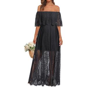 imageHolipick Womens Off Shoulder Lace Maxi Dress Boho Wedding Guest Bridesmaid Beach Formal Long DressBlack