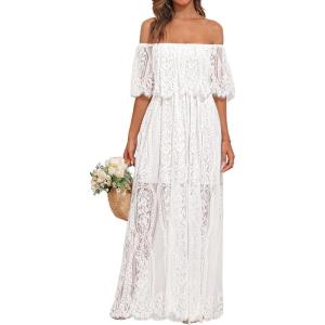 imageHolipick Womens Off Shoulder Lace Maxi Dress Boho Wedding Guest Bridesmaid Beach Formal Long DressWhite