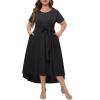 imageHolipick Womens Plus Size High Low Dress Wedding Guest Semi Formal Short Sleeves Long Cocktail Dresses with PocketsBlack