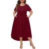 imageHolipick Womens Plus Size High Low Dress Wedding Guest Semi Formal Short Sleeves Long Cocktail Dresses with PocketsBurgundy
