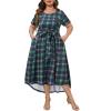 imageHolipick Womens Plus Size High Low Dress Wedding Guest Semi Formal Short Sleeves Long Cocktail Dresses with PocketsChristmasgreen Plaid