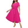 imageHolipick Womens Plus Size High Low Dress Wedding Guest Semi Formal Short Sleeves Long Cocktail Dresses with PocketsPink