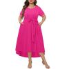 imageHolipick Womens Plus Size High Low Dress Wedding Guest Semi Formal Short Sleeves Long Cocktail Dresses with PocketsPink