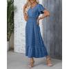 imageWomen Maxi Dresses Boho V Neck Swiss Dot Ruffle Summer Short Sleeve High Waist Tiered Flowy Smocked Cocktail DressesBlue
