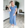 imageWomen Maxi Dresses Boho V Neck Swiss Dot Ruffle Summer Short Sleeve High Waist Tiered Flowy Smocked Cocktail DressesBlue