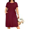 imageHolipick Plus Size Summer Dresses for Curvy Women Church Business Work Casual Party Tie Short Sleeves Midi Dress PocketsBurgundy